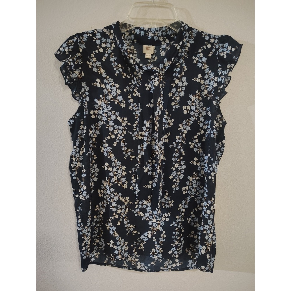 Autres Filles Navy Blue Floral Tie Neck Ruffle Sleeve Blouse XS Womens Top